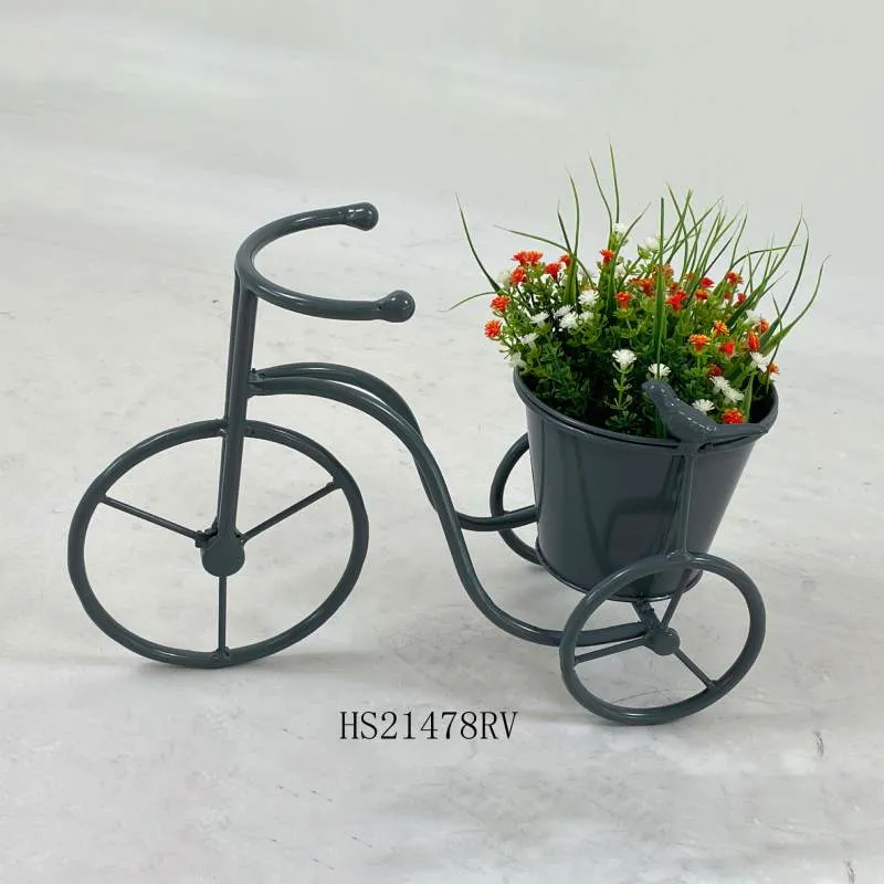 Metal Bisiklèt Plant Holder ak dekorasyon zwazo